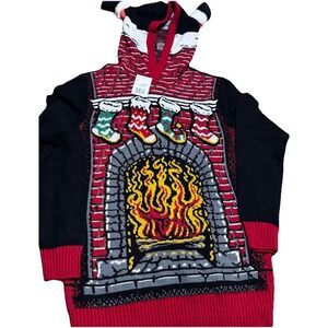 Ugly Christmas Sweater Hooded Size S Red Fireplace Santa Legs Holiday‎ Party NWT
